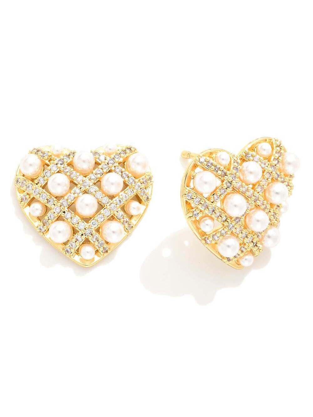 Gold Heart Stud Earrings Faux Pearl & Crystal Rhinestone Accent
